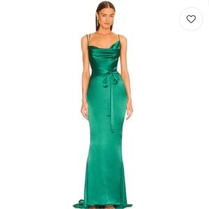 Michael Costello Emerald Green Satin Cowl Neck Gown
